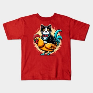 Tuxedo Cat on a Chicken Funny Kids T-Shirt